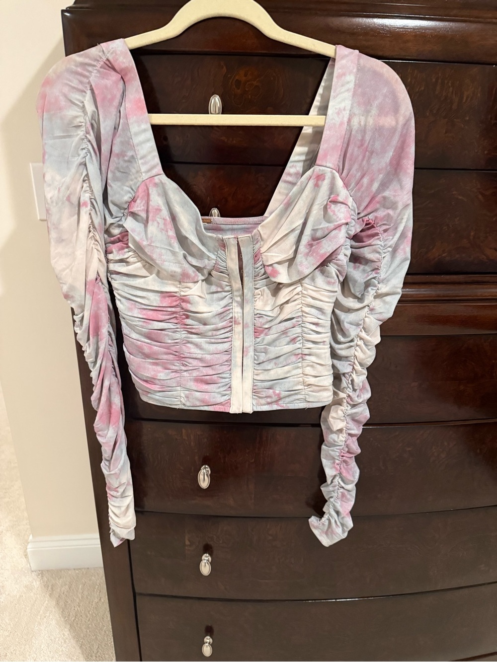 Free People Pink and White Ruched Long Sleeve Top